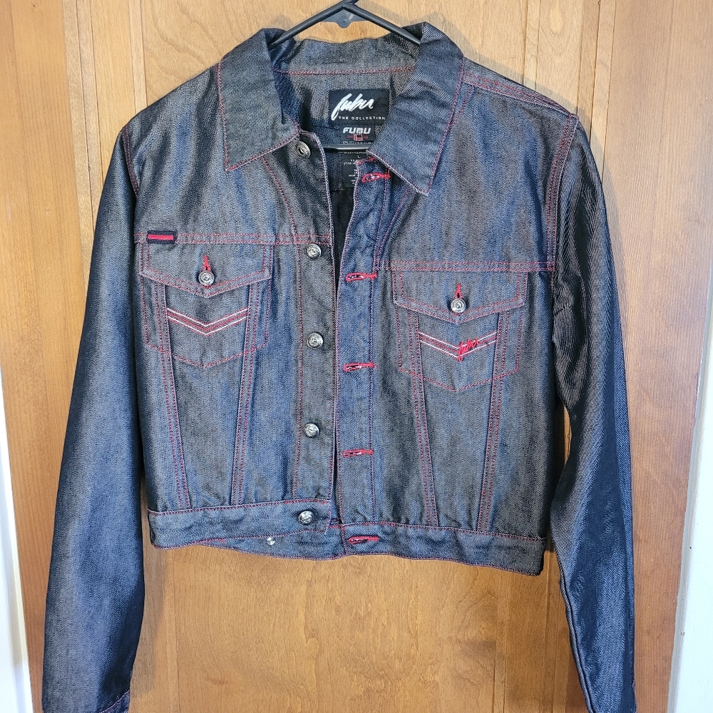 90s Y2K FUBU Dark Blue Denim Cropped Jean Jacket, L